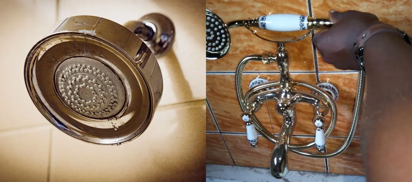Before and after hard water treatment support showing dirty shower head scale and clean bathroom fittings